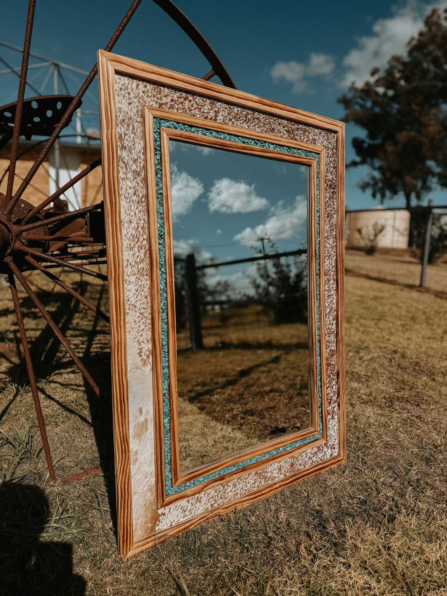 Short Turquoise Cowhide Mirror